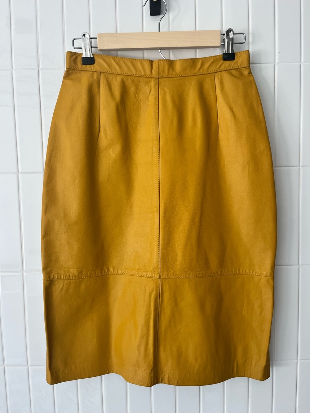 Vintage 80s G-III Mustard Yellow Leather Pencil Skirt High Waist Genuine Leather